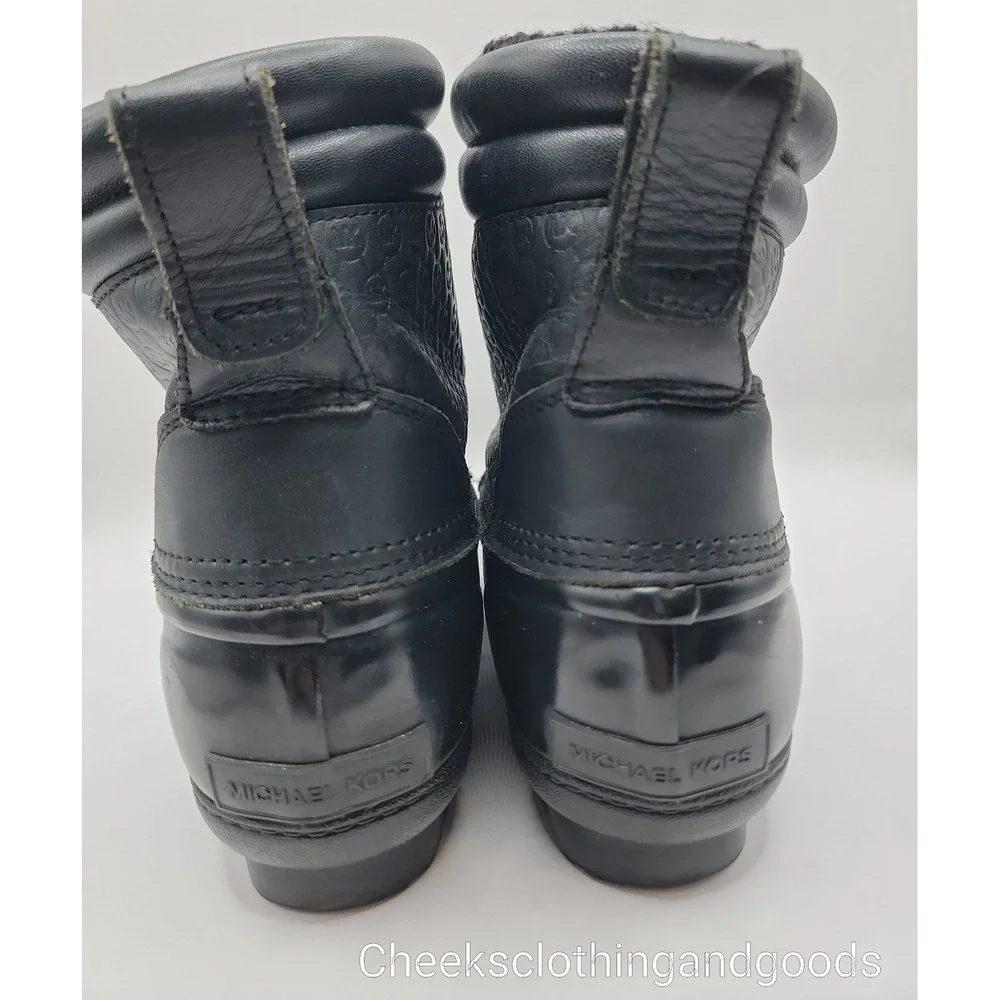 Michael Kors Black Monogram Leather Rubber Duck Boots Ankle Rain Snow Womens 9